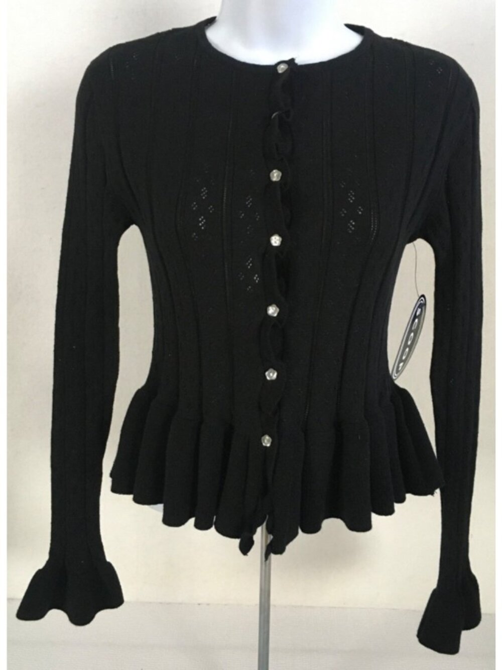 Scoop Cardigan Sweater Size XS Black Ruffle Waist Ruffle Long Sleeves New w Tags